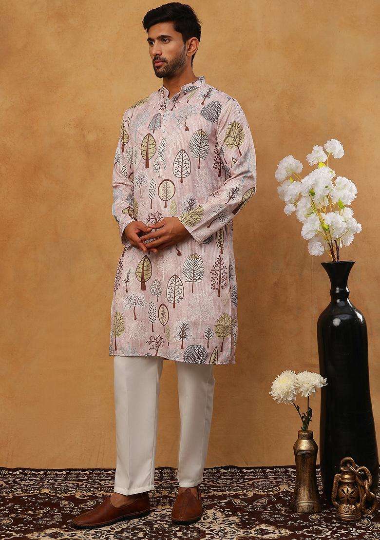 Peach Floral Print Cotton Kurta Pyjama Set For Men - Indya
