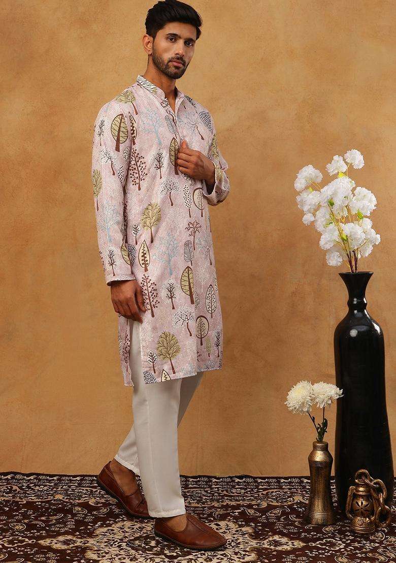 Peach Floral Print Cotton Kurta Pyjama Set For Men - Indya