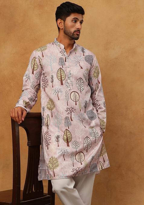 Peach Floral Print Cotton Kurta Pyjama Set For Men