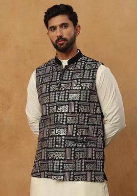 Black Embroidery Silk Blend Waistcoat Nehru Jacket For Men