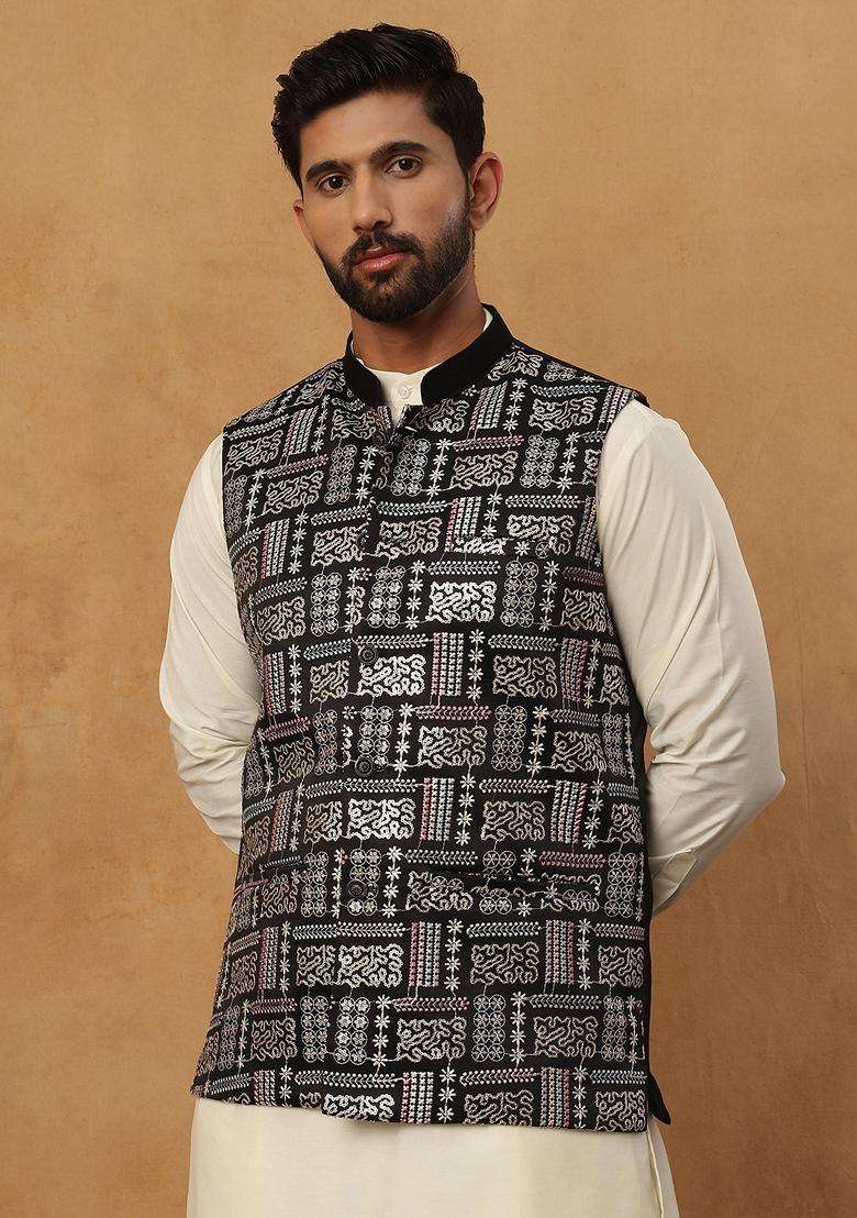 Black Embroidery Silk Blend Waistcoat Nehru Jacket For Men - Indya
