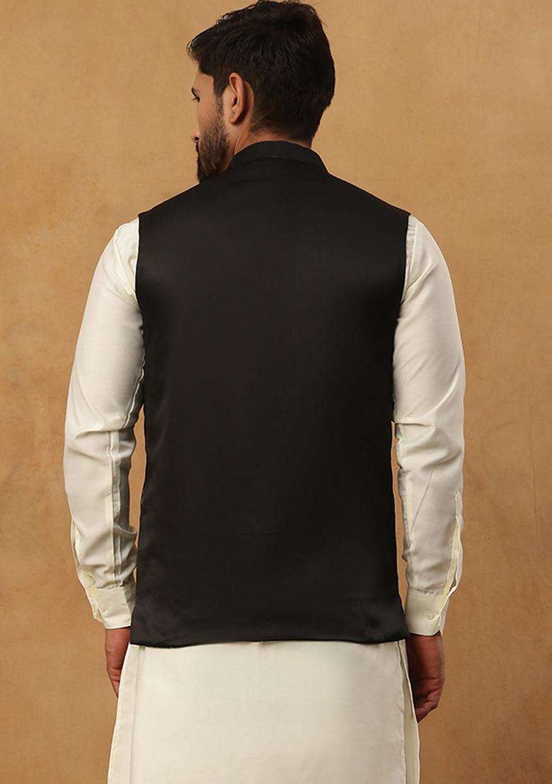 Black Embroidery Silk Blend Waistcoat Nehru Jacket For Men - Indya