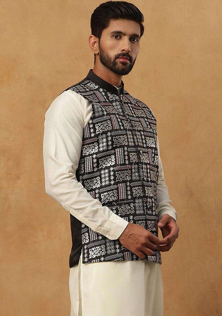 Black Embroidery Silk Blend Waistcoat Nehru Jacket For Men - Indya