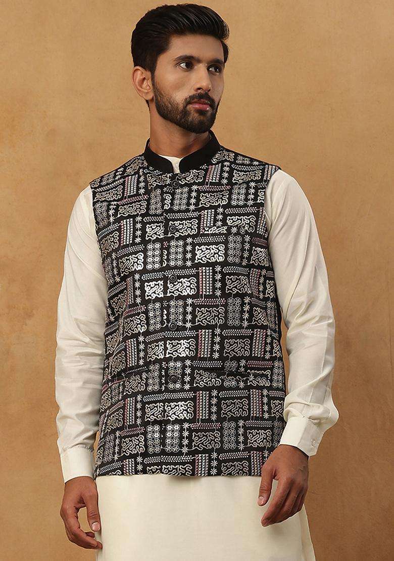 Black Embroidery Silk Blend Waistcoat Nehru Jacket For Men - Indya