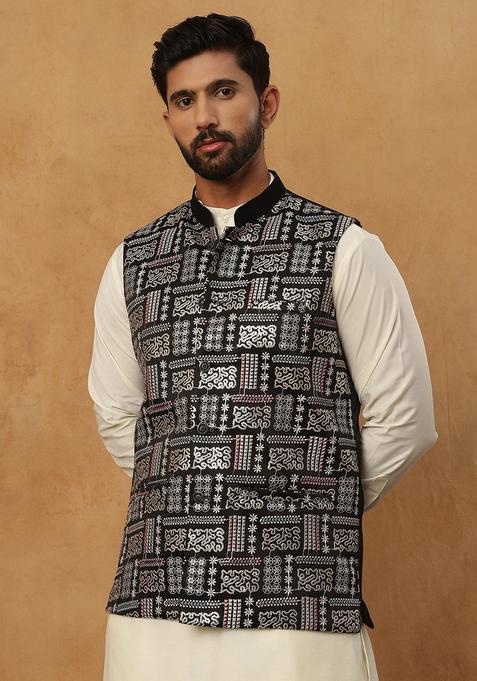 Black Embroidery Silk Waistcoat Nehru Jacket For Men