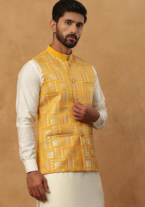 Mustard Embroidery Silk Blend Waistcoat Nehru Jacket For Men