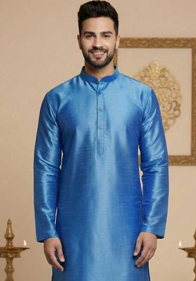 Blue Solid Silk Kurta For Men