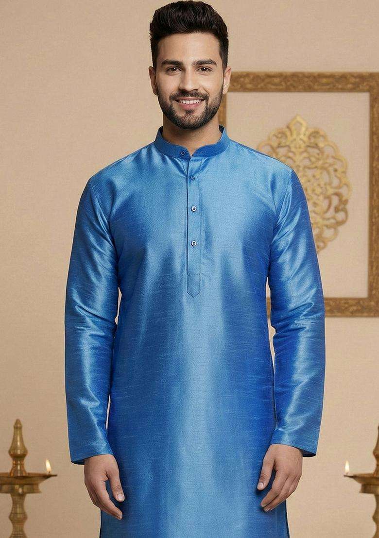Blue Solid Silk Blend Kurta For Men - Indya