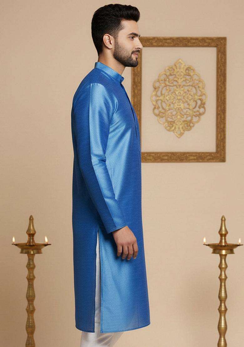 Blue Solid Silk Blend Kurta For Men - Indya