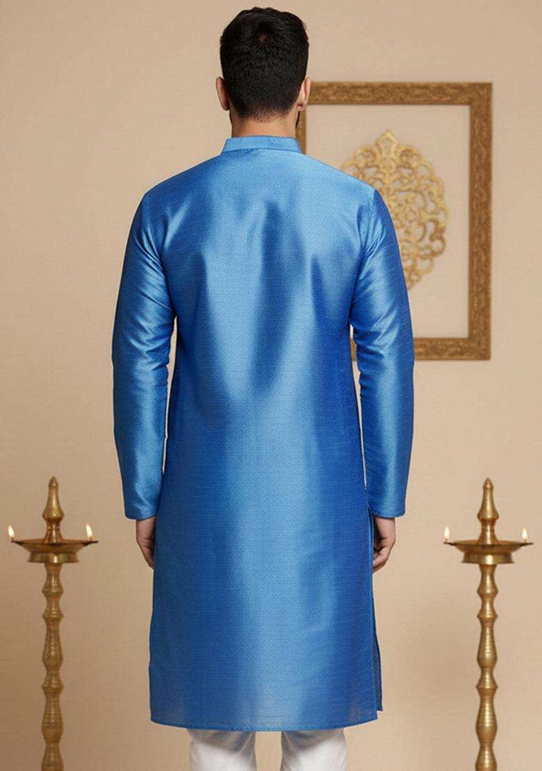 Blue Solid Silk Blend Kurta For Men - Indya