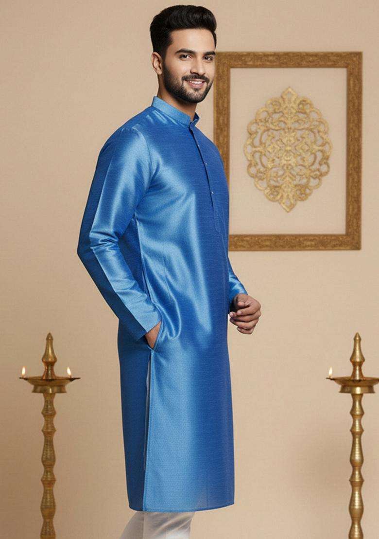 Blue Solid Silk Blend Kurta For Men - Indya