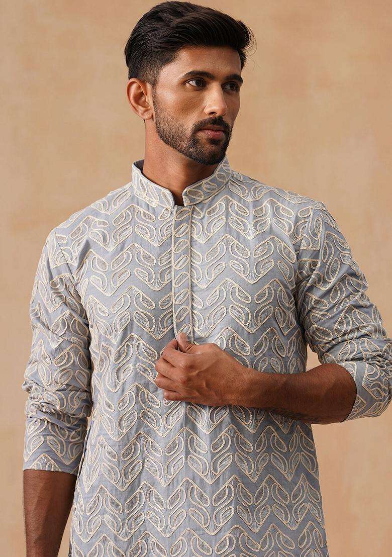Grey Floral Print Cotton Kurta Pyjama Set For Men - Indya