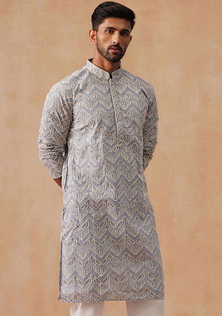 Grey Floral Print Cotton Kurta Pyjama Set For Men - Indya