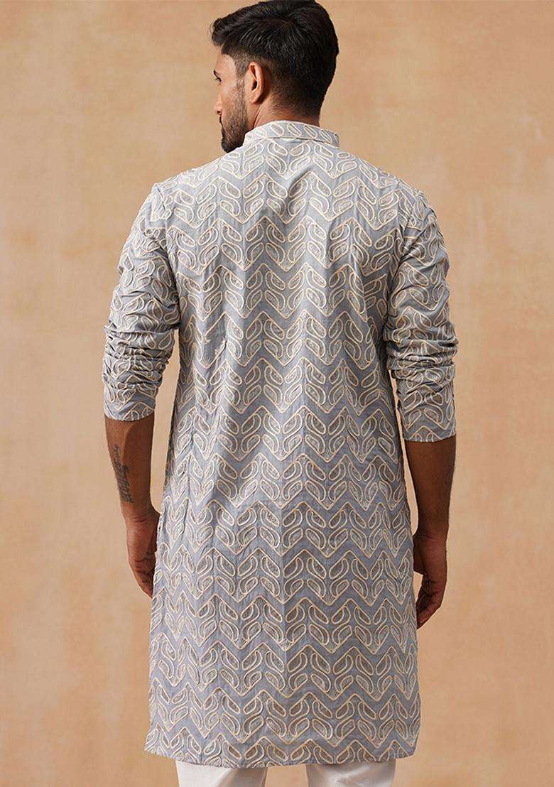 Grey Floral Print Cotton Kurta Pyjama Set For Men - Indya
