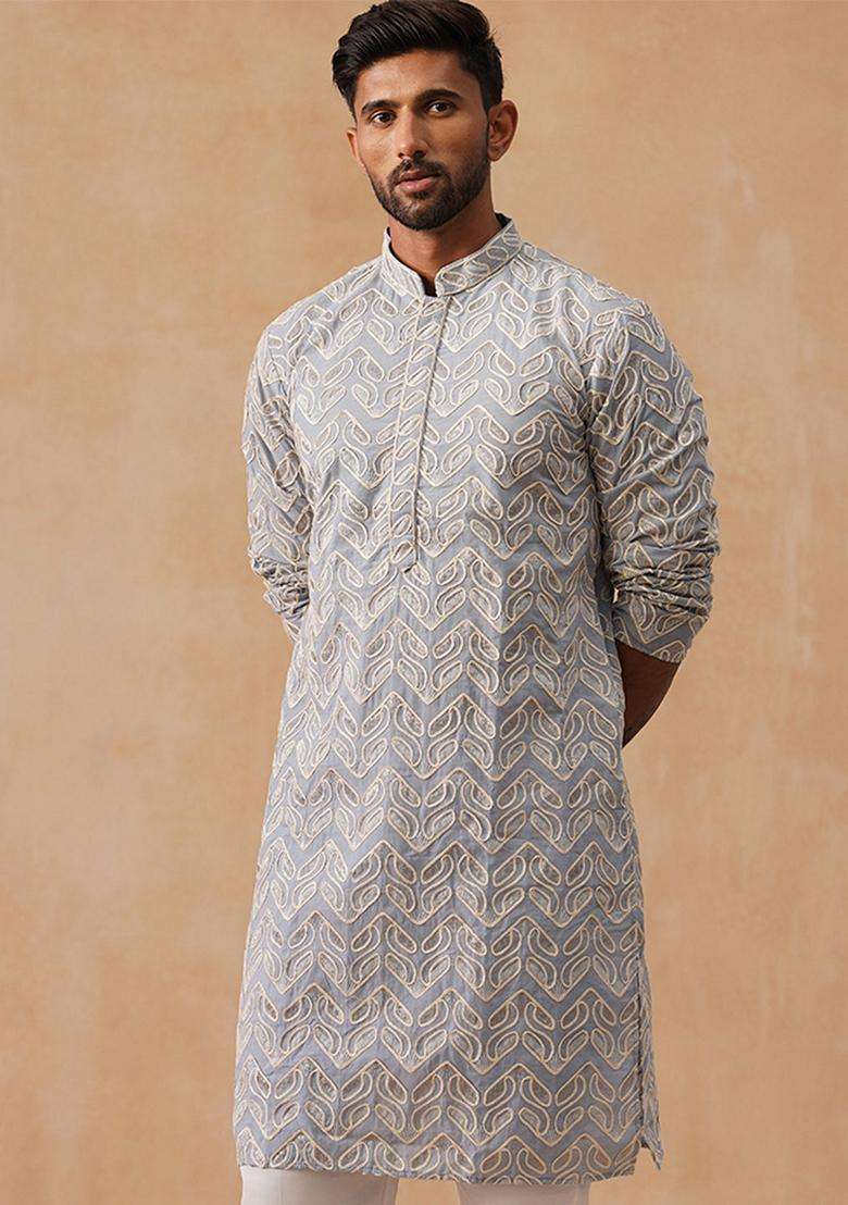 Grey Floral Print Cotton Kurta Pyjama Set For Men - Indya