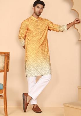 Mustard Printed Cotton Kurta Pyjama Set For Men