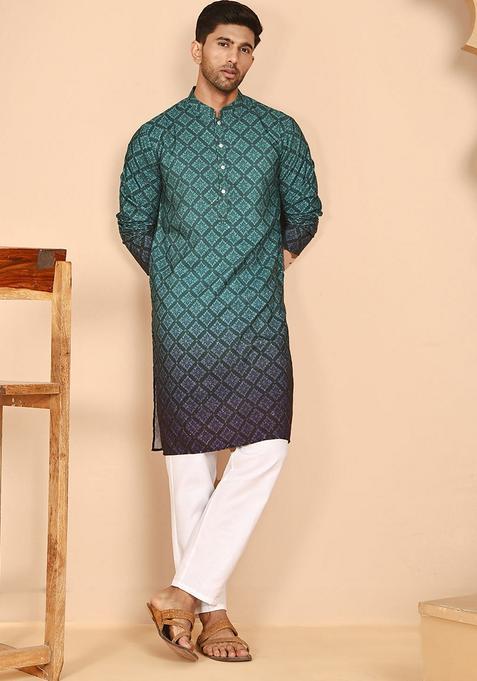 Teal Printed Cotton Kurta Pyjama Set For Men