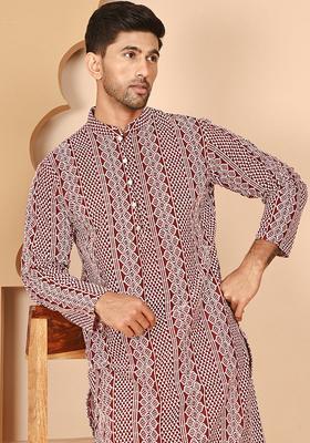 Maroon Embroidery Cotton Kurta Pyjama Set For Men