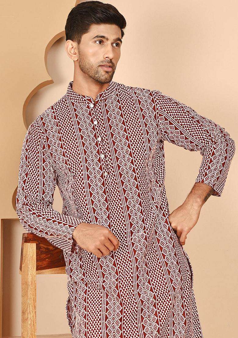 Maroon Embroidery Cotton Kurta Pyjama Set For Men - Indya
