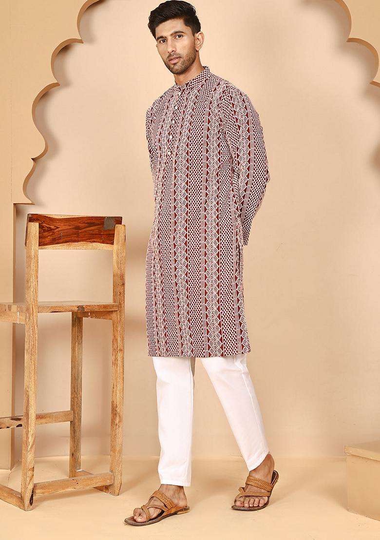Maroon Embroidery Cotton Kurta Pyjama Set For Men - Indya