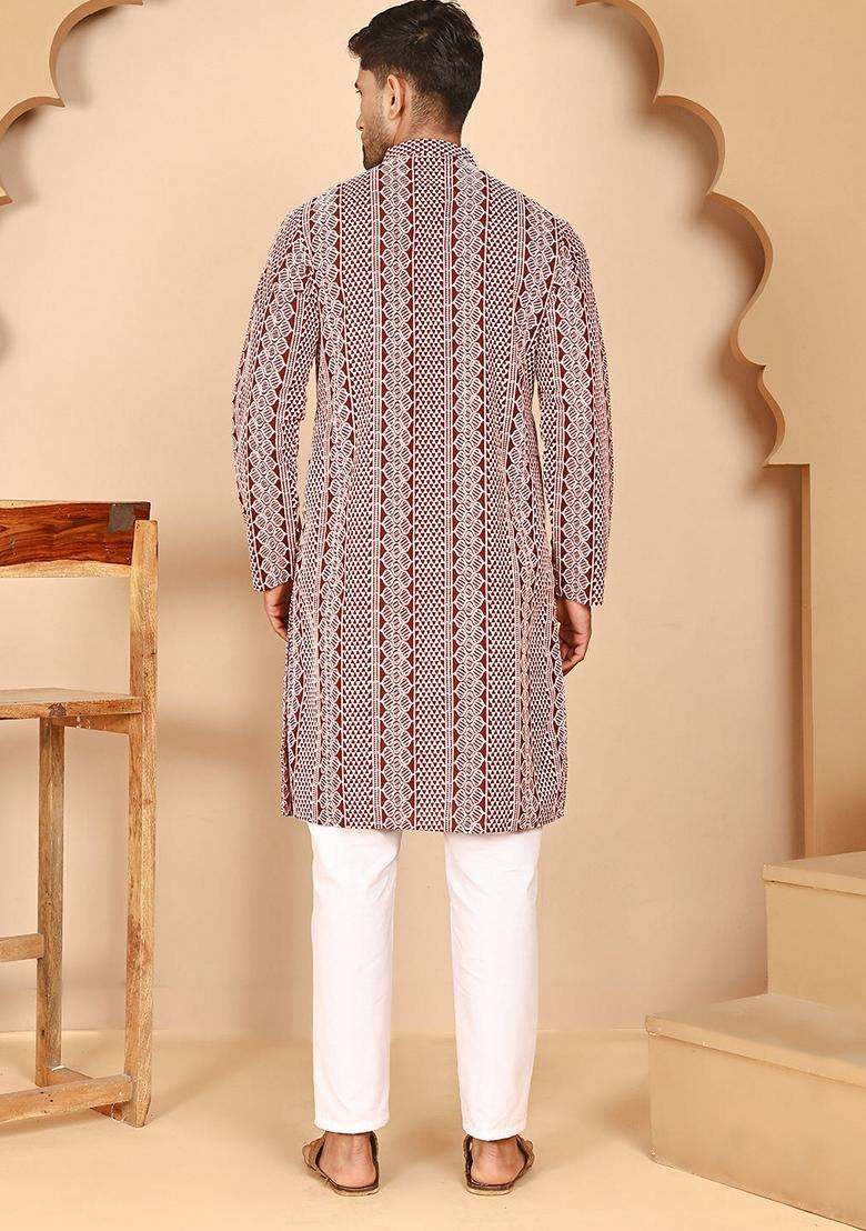 Maroon Embroidery Cotton Kurta Pyjama Set For Men - Indya