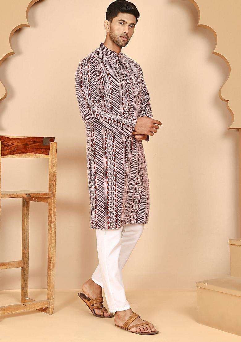 Maroon Embroidery Cotton Kurta Pyjama Set For Men - Indya