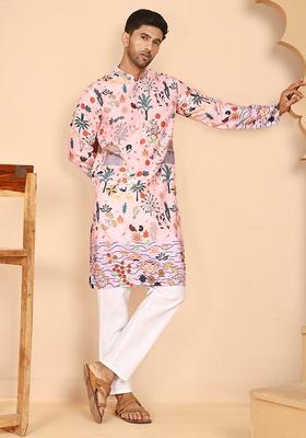 Peach Printed Cotton Kurta Pyjama Set For Men