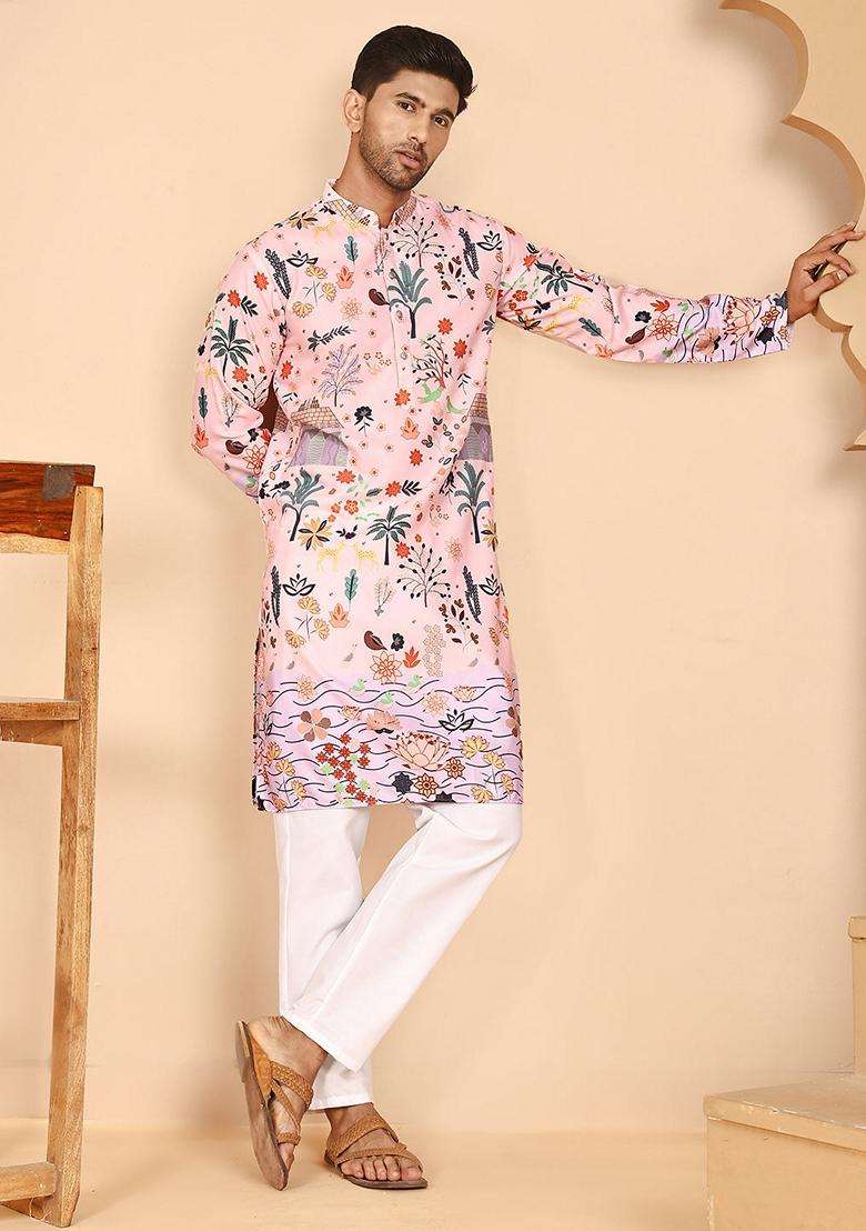 Peach Printed Cotton Kurta Pyjama Set For Men - Indya