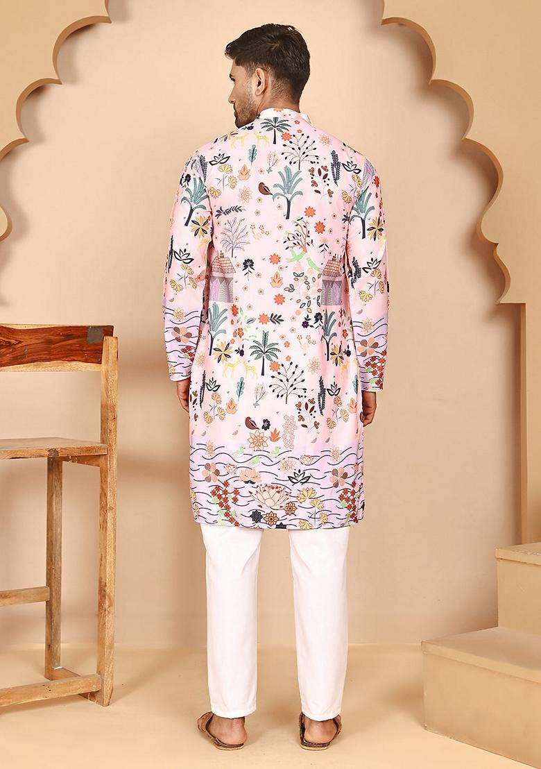 Peach Printed Cotton Kurta Pyjama Set For Men - Indya