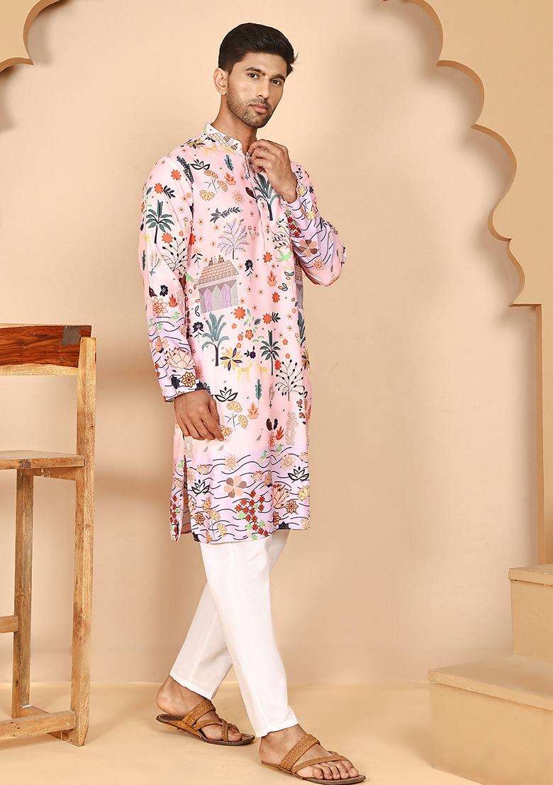 Peach Printed Cotton Kurta Pyjama Set For Men - Indya