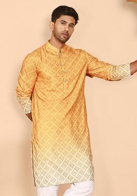 Mustard Printed Cotton Kurta For Men