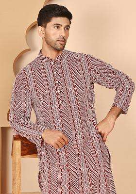 Maroon Embroidery Cotton Kurta For Men