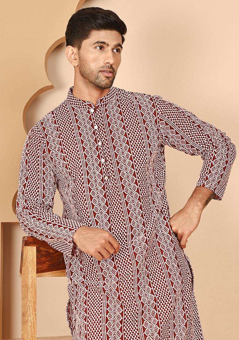 Maroon Embroidery Cotton Kurta For Men - Indya