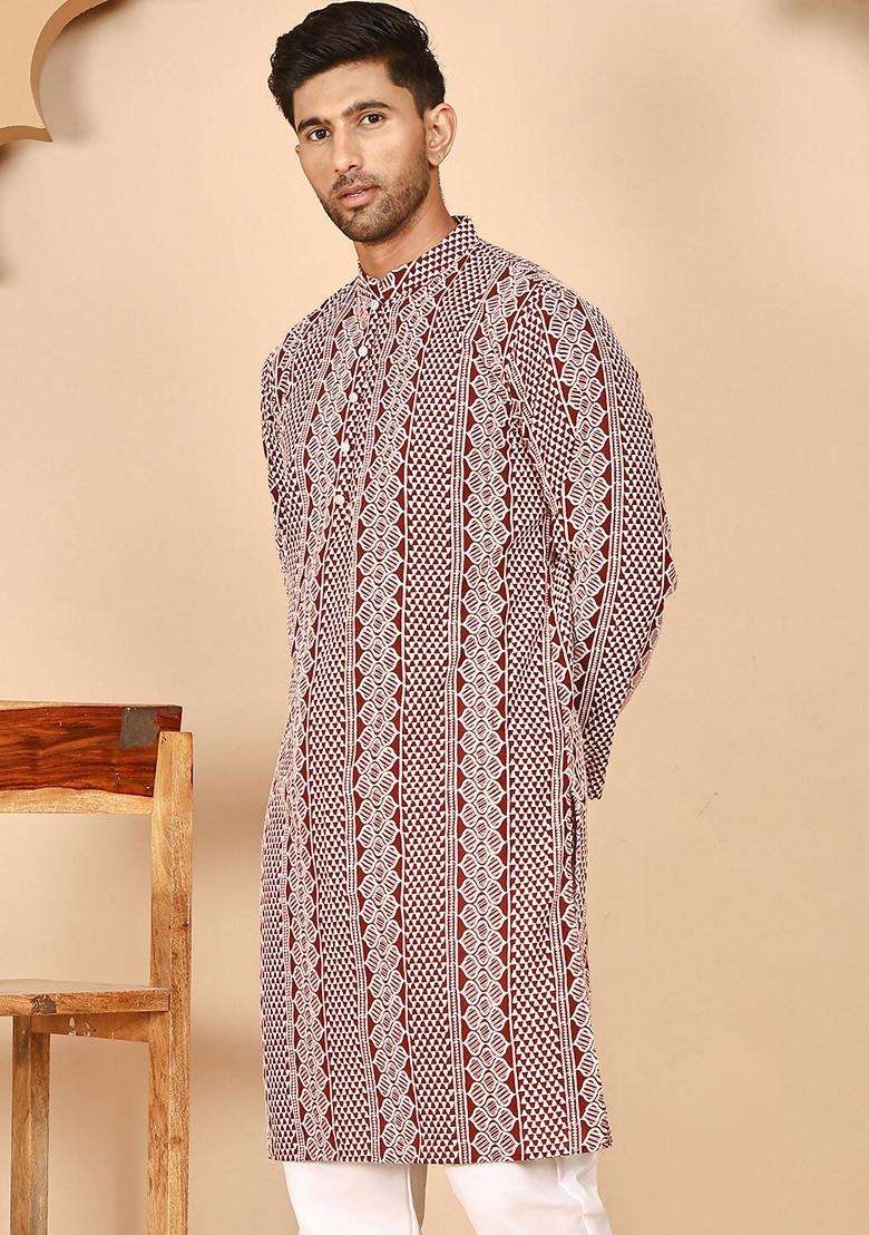 Maroon Embroidery Cotton Kurta For Men - Indya