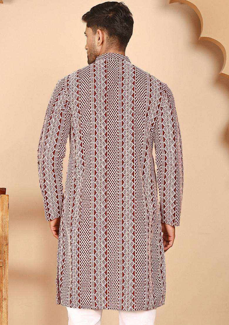Maroon Embroidery Cotton Kurta For Men - Indya