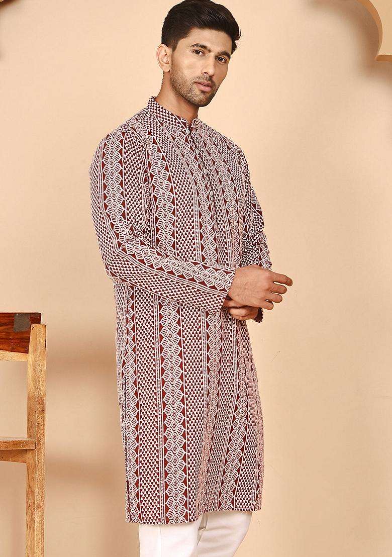 Maroon Embroidery Cotton Kurta For Men - Indya