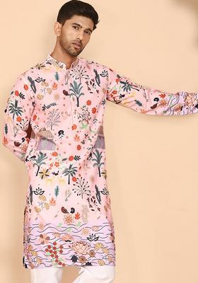 Peach Printed Cotton Kurta For Men