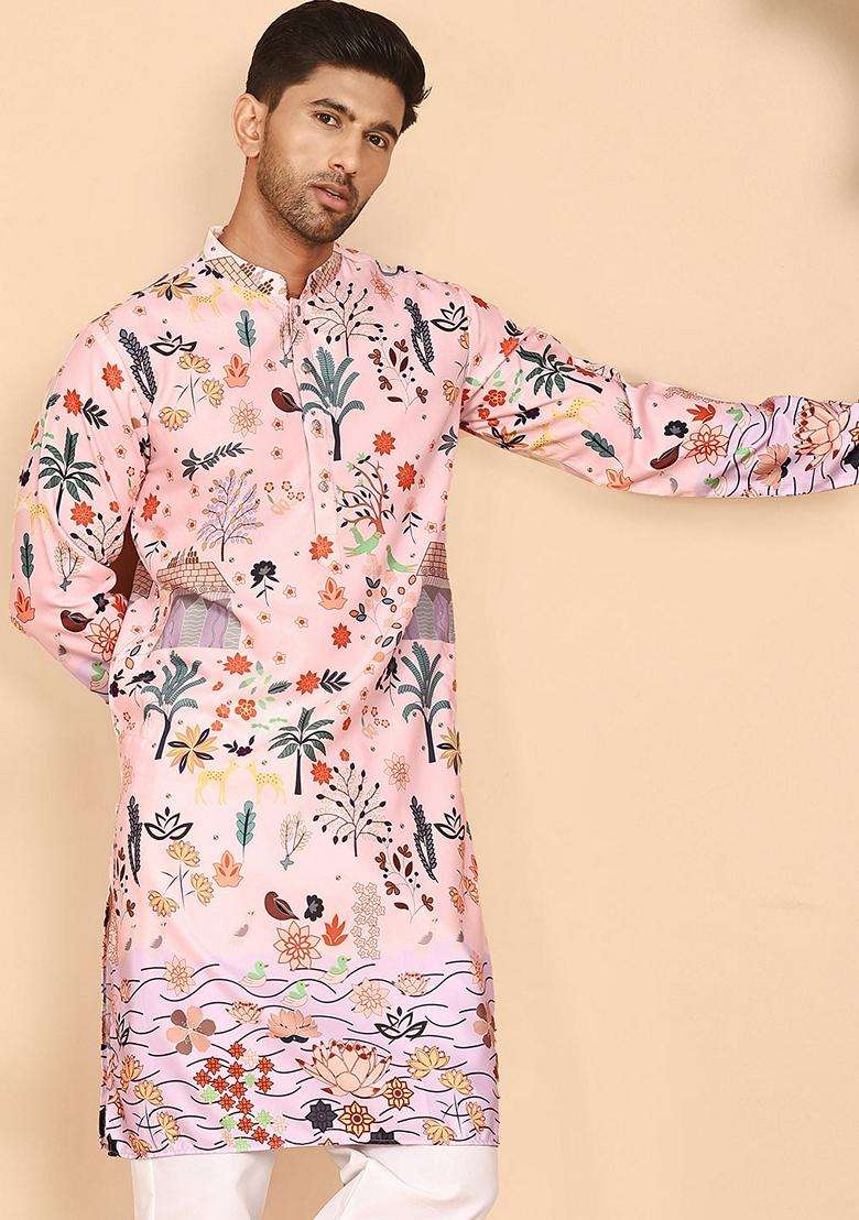 Peach Printed Cotton Kurta For Men - Indya