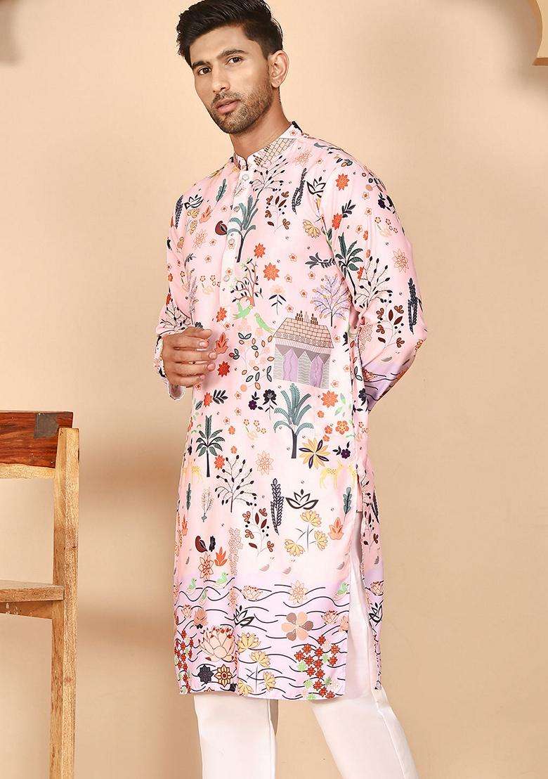 Peach Printed Cotton Kurta For Men - Indya