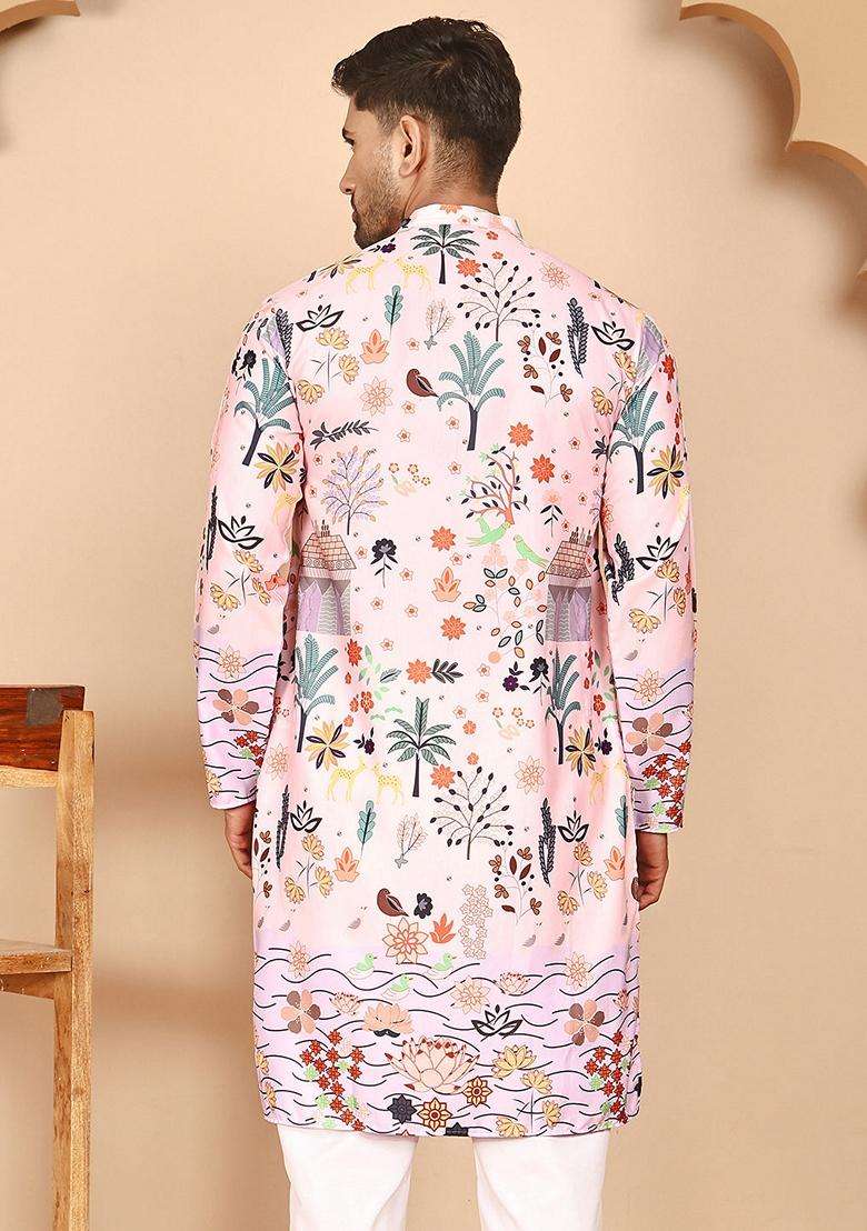 Peach Printed Cotton Kurta For Men - Indya