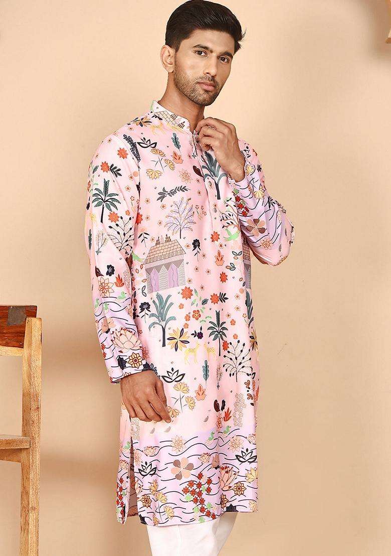 Peach Printed Cotton Kurta For Men - Indya