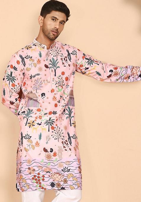 Peach Printed Cotton Kurta For Men