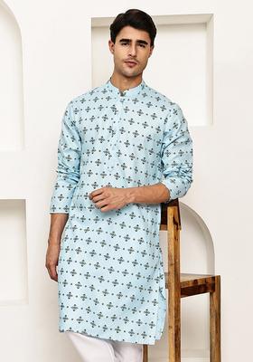 Sky Blue Printed Cotton Kurta For Men