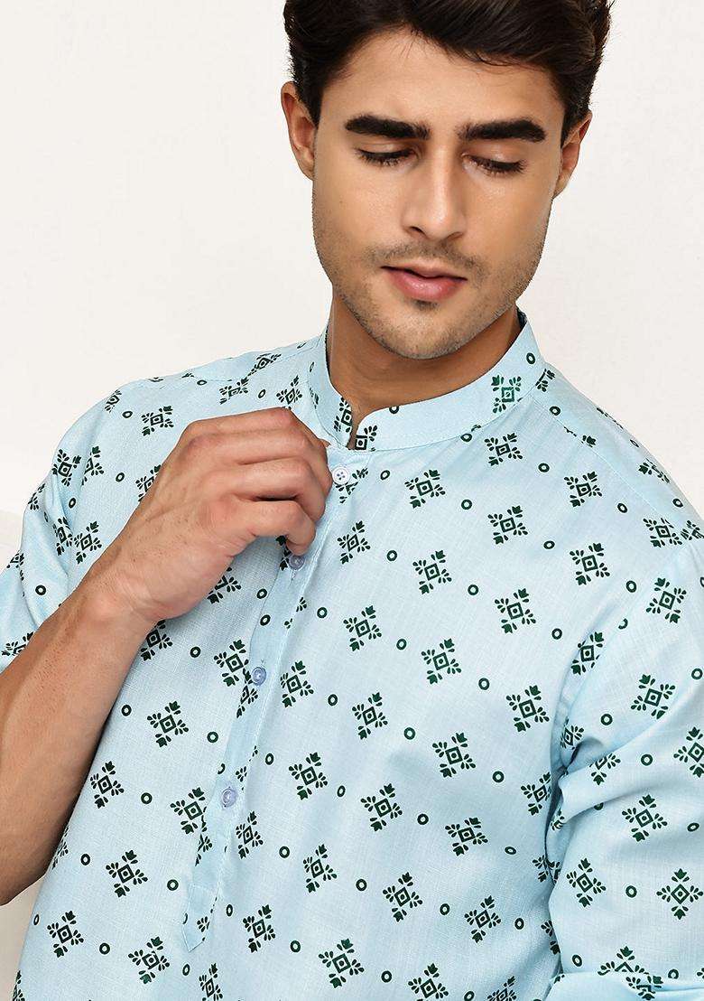 Sky Blue Printed Cotton Kurta Pyjama Set For Men - Indya