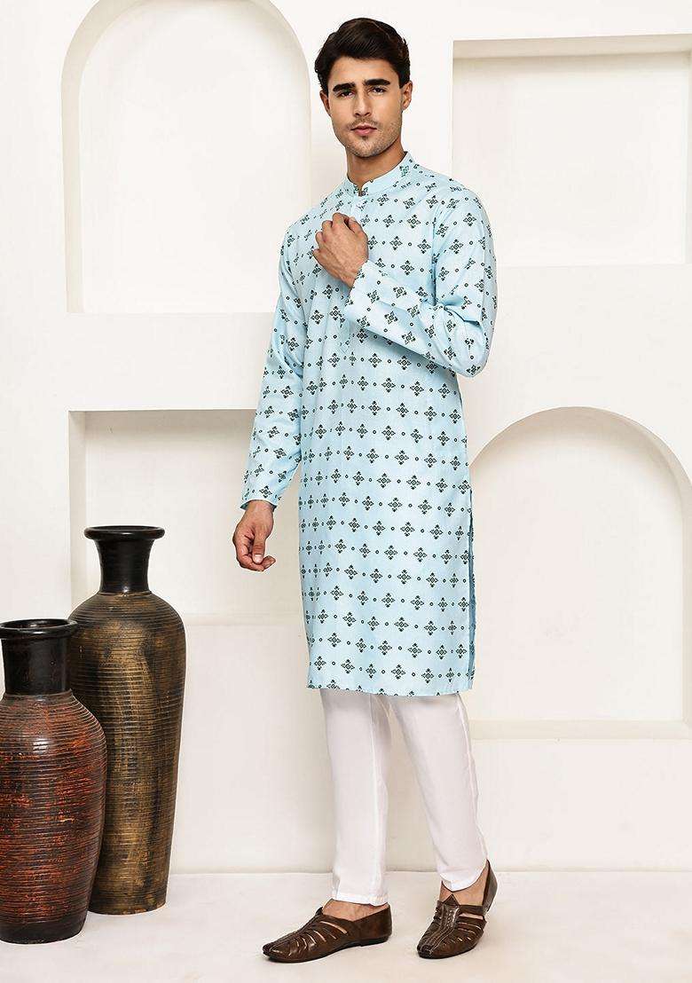Sky Blue Printed Cotton Kurta Pyjama Set For Men - Indya