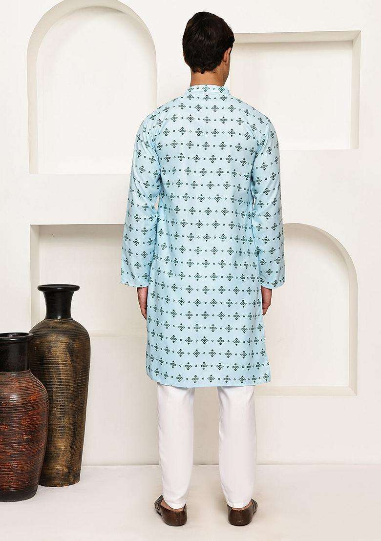 Sky Blue Printed Cotton Kurta Pyjama Set For Men - Indya