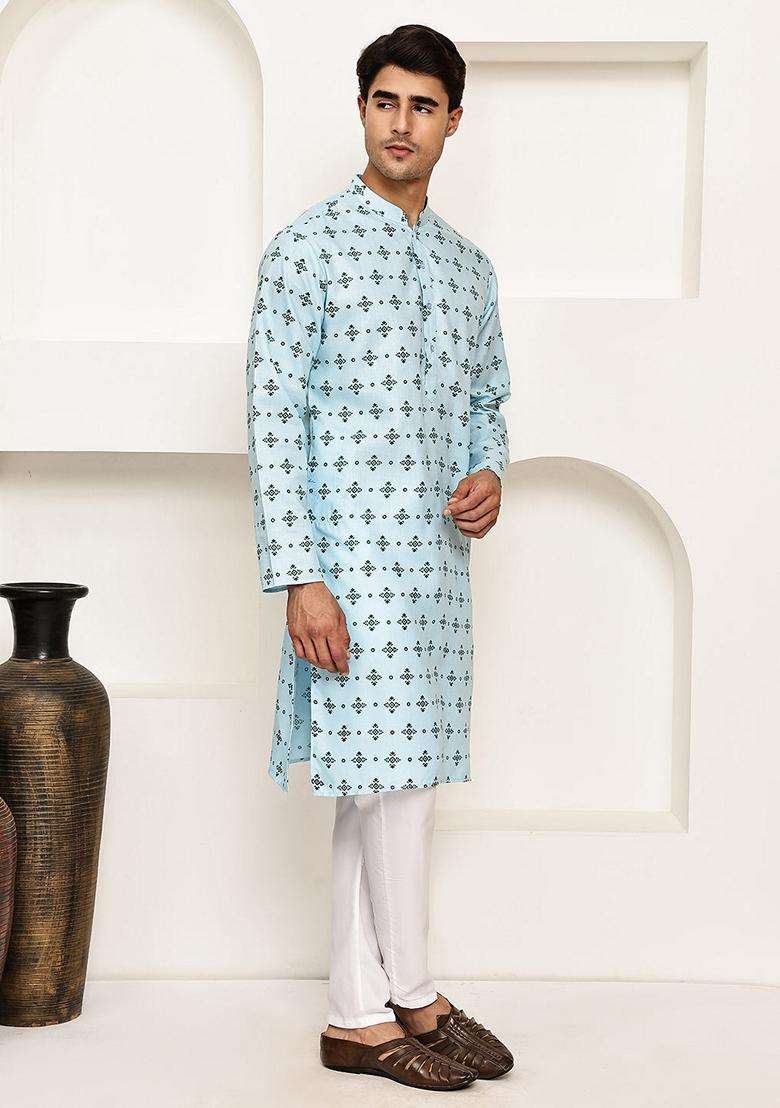 Sky Blue Printed Cotton Kurta Pyjama Set For Men - Indya