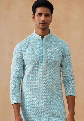 Sky Blue Embroidery Cotton Kurta Pyjama Set For Men