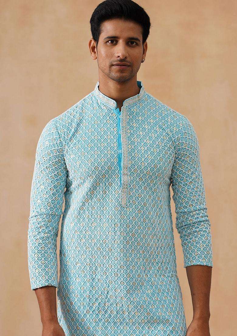Sky Blue Embroidery Cotton Kurta Pyjama Set For Men - Indya