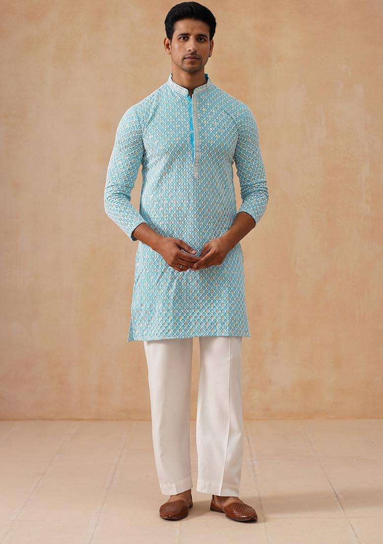 Sky Blue Embroidery Cotton Kurta Pyjama Set For Men - Indya
